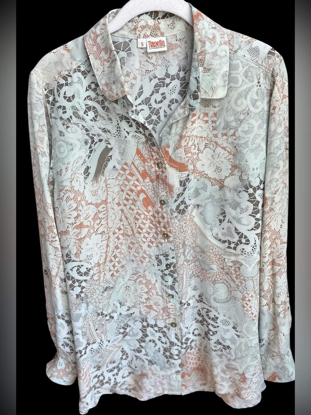 Vintage Pastel Print Garment Dyed 100% Silk Button-Down Shirt by Tianello S